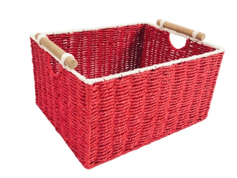 Professional-grade Rectangular Paper Cord Woven Storage Basket with Wooden Handles